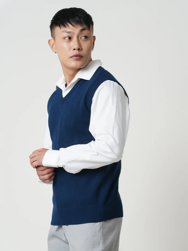 globus Globus Men Navy Blue V-Neck Sleeveless Cotton Knitted Ribbed Hem Sweater Vest